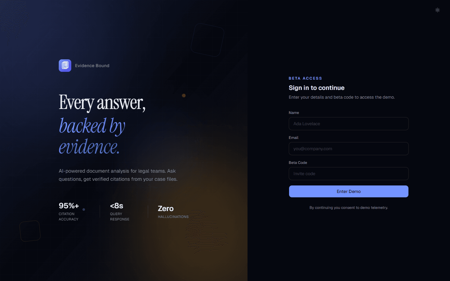 Evidence Bound dark theme — reduced eye strain for extended sessions