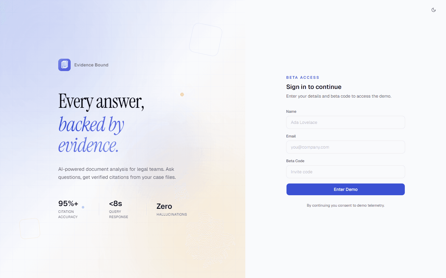 Evidence Bound app interface showing AI-powered legal research with citation verification